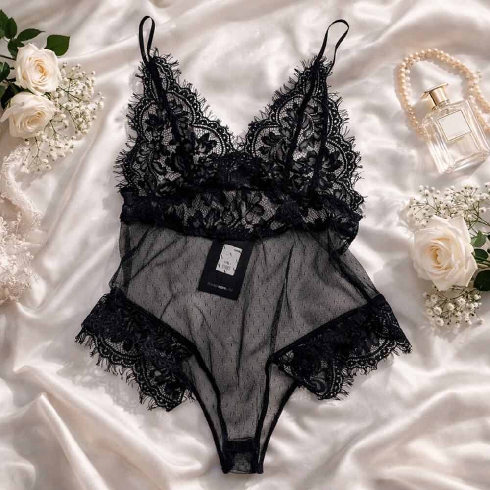 Fashion Nova Lace Sheer Teddy Bodysuit Black Size L NWT Sexy Lingerie One Piece